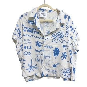 Paper Heart Solo Una Graphic Cream Blue Button Up Shirt Cream Linen Blend XL